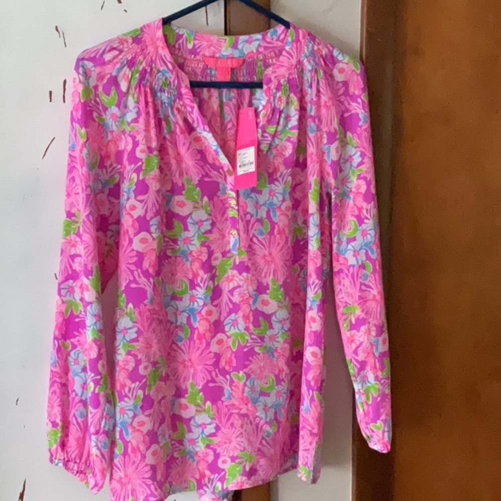 Lilly Pulitzer Pink and Green Graphic Blouse with Mandarin Collar